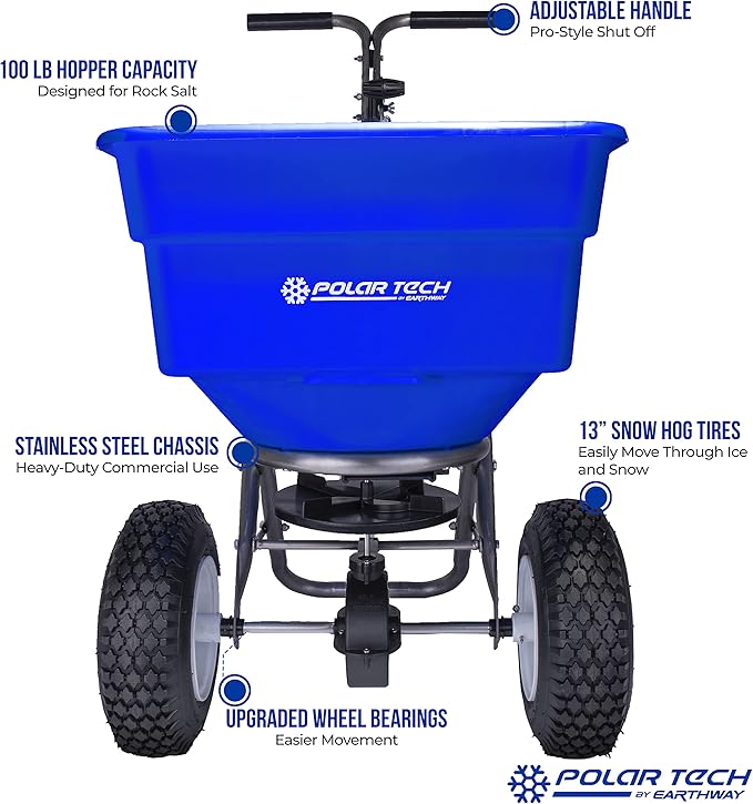 EarthWay Polar Tech 90399 100 LB Professional Ice Melt Broadcast Walk Behind Spreader with 13" Pneumatic Tires, Adjustable Handle, and Solid Linkage Control