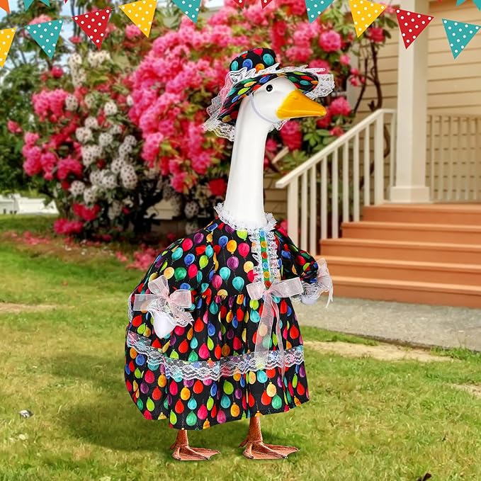 Suzile Happy Birthday Goose Outfit Dresses Clothes for 23" High Cement or Plastic Porch Goose Costume for Yard Lawn Outdoor Garden Patio Statue Xmas Santa Holiday Decor