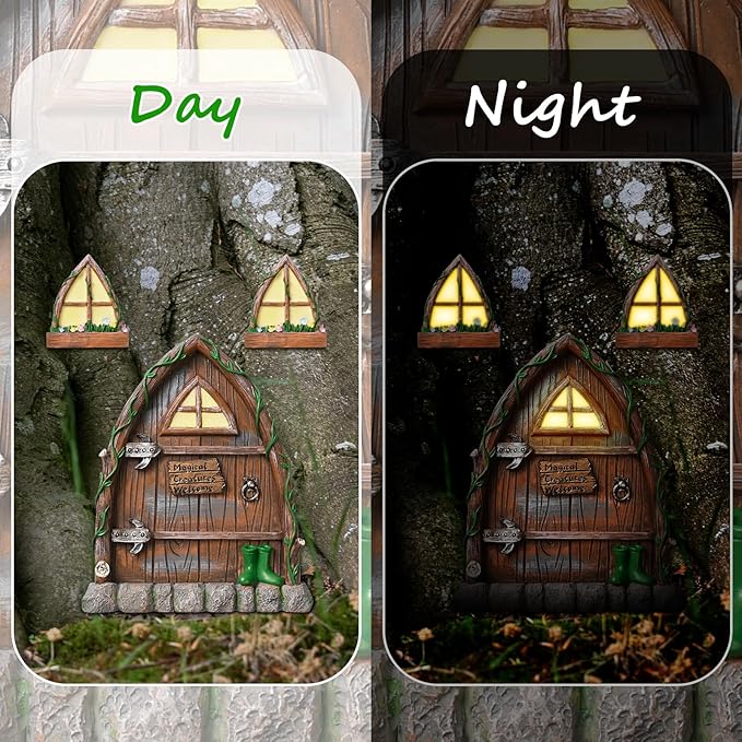 Resin Fairy Door and Window for Trees,Glow in The Dark,Miniature Fairy Garden Accessories,Garden Outdoor Decor for Trees,Gnomes House，Elf House