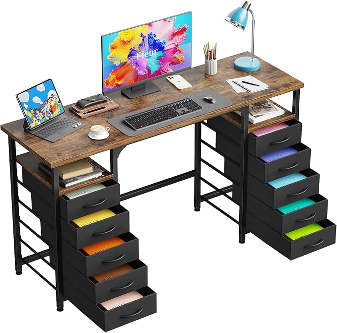 Desk with 10 Fabric Drawers Classified Organizer - 55"/140 Office Desks with Ample Storage, Computer Work Desk Study Writing Table Workstation for Home Office Space Deep Black