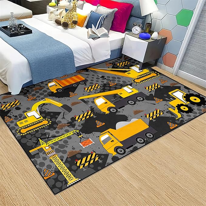 Construction Rugs for Boys Room Play Rug for Cars and Trucks Car Rug Play Mat Kids Rugs for Playroom Car Rug for Boys Room Construction Decor for Boys Room,Grey 3'×4'
