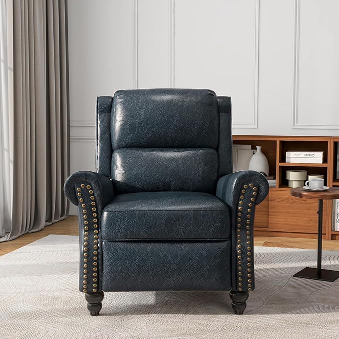 UIXE Pushback Recliner Chair, Faux Leather Armchair Overstuffed Accent Chair for Living Room, Rivet Trim Club Chair Home Theater Single Sofa Bedroom Side Reading Seat - Navy Blue