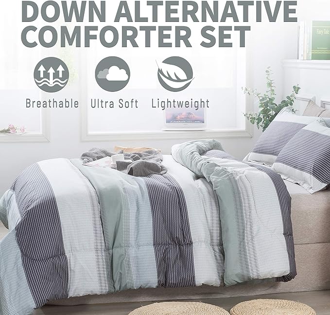 Andency Stripe Comforter Set Twin Size (66x90 Inch), 2 Pieces Mint Green Patchwork Striped Comforter, Soft Microfiber Down Alternative Comforter Bedding Set with Corner Loops (Mint, White, Grey)