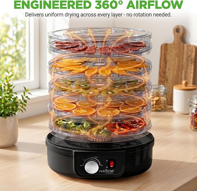 NutriChef Food Dehydrator Machine - Professional Electric Multi-Tier Food Preserver, Meat or Beef Jerky Maker, Fruit & Vegetable Dryer with 5 Stackable Trays