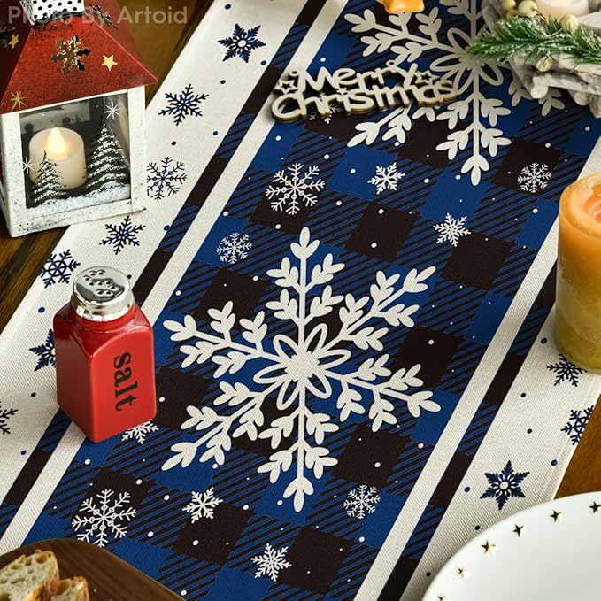 Artoid Mode Buffalo Plaid Snowflakes Blue Christmas Table Runner, Seasonal Winter Kitchen Dining Table Decoration for Home Party Decor 13x48 Inch