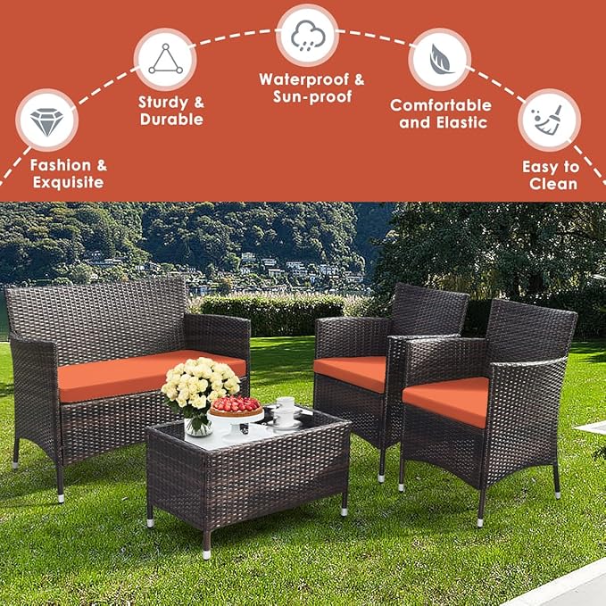 Goplus 4-Piece Rattan Patio Set, Outdoor/Indoor Wicker Conversation Set for Pool, Backyard, Lawn, Wicker Chairs and Sofa with Soft Cushion, Rattan Furniture with Tempered Glass Coffee Table