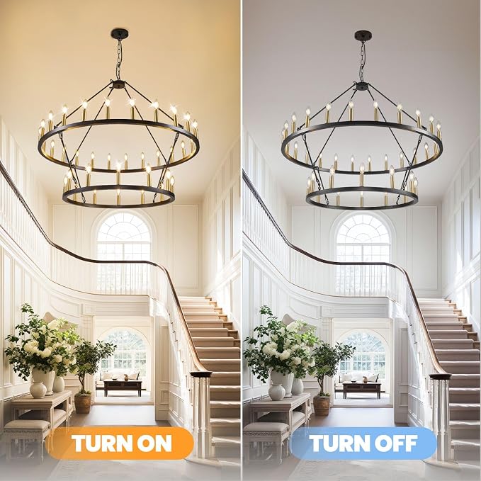 47 Inch Round Black and Gold Chandelier, 2 Tier 36-Lights Farmhouse Wagon Wheel Chandelier, Rustic Dining Room Light Fixtures, Extra Large Foyer Chandeliers for High Ceilings, for Staircase, Entryway
