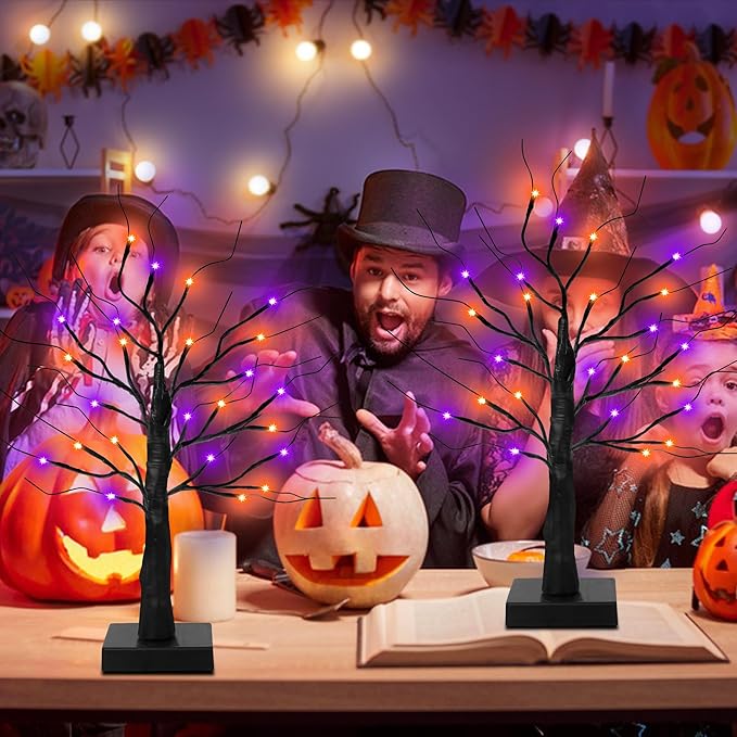 [Timer] 2 Pack 24 Inch Black Halloween Tree with Orange Purple Lights, USB/Battery Operated Light Up Halloween Table Decorations, Spooky Halloween Decorations Indoor Home Mantle Room Party Decor