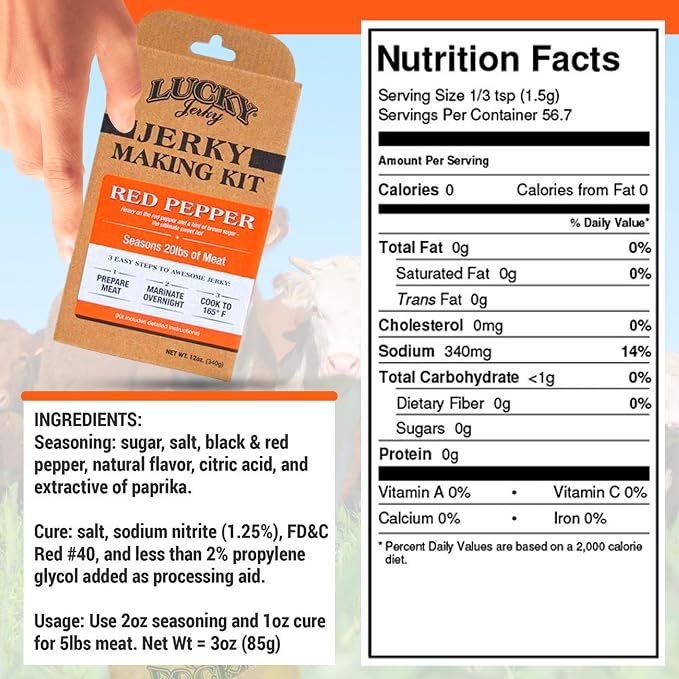 Lucky Jerky Red Pepper DIY Beef Jerky Seasoning and Cure Kit, 12 Oz | Make Your Own Red Pepper Beef Jerky at Home, Sweet and Hot Flavor, Seasons 20 lbs of Meat