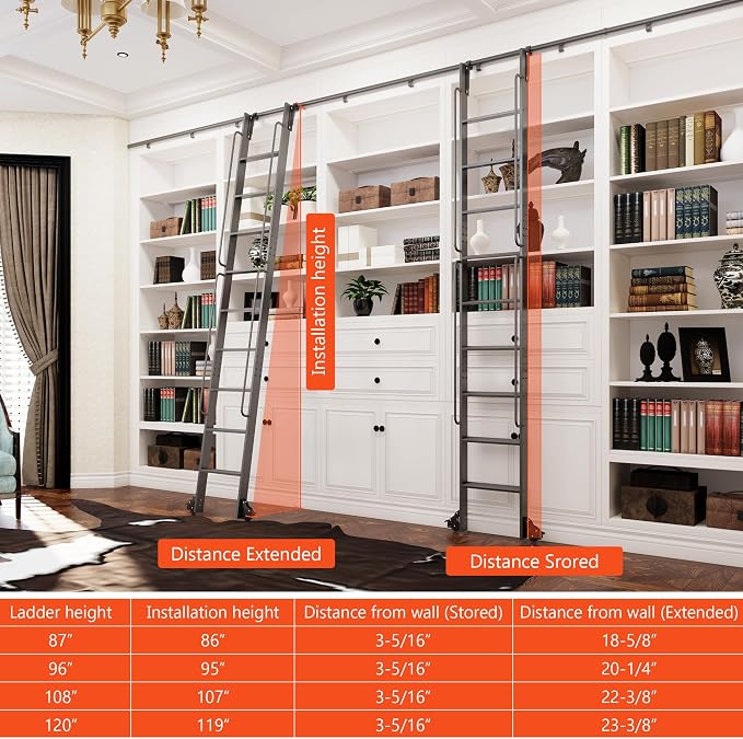 DIYHD 87" Rolling Library Ladder with Handrail, 4FT Sliding Rail, Black | 7-Step lightweight ladder with space-saving upright storage, Telescopic top hooks, Locking bottom rollers, 300lbs capacity