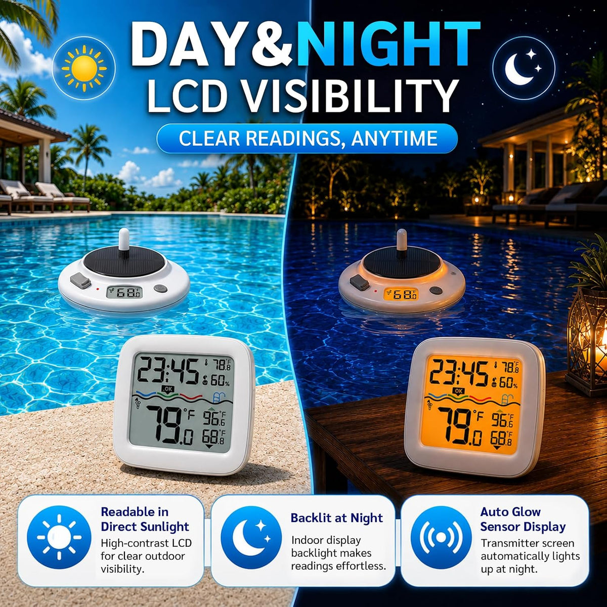 Solar Pool Thermometer, Wireless Floating Water Temperature Sensor, IPX8 Waterproof, Long Range Digital Display for Swimming Pool, Hot Tub, Spa, Pond & Lake