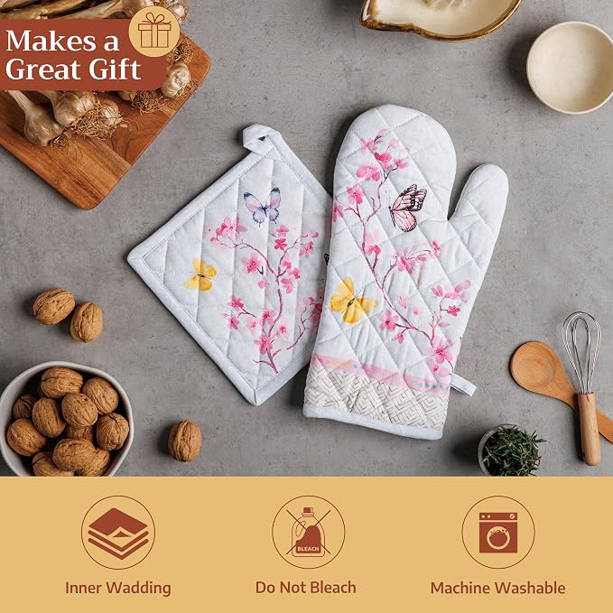 Maison d'Hermine Oven Gloves 100% Cotton Oven Mitt (7" x 13", Pack of 1) | With Loop Heat Resistant BBQ Cooking Gloves Baking Grilling Kitchen Handling Hot Pans Spring Summer - Blossoms in Spring