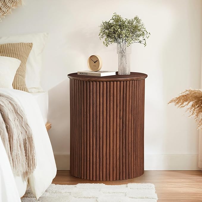 AVZEAR Fluted Round Side Table Small Mid Century End Table, 17.7" Fluted Nightstands Modern Circle Bedside Tables, Wood Night Stand for Small Spaces, Living Room, Bedroom (Rustic Walnut)