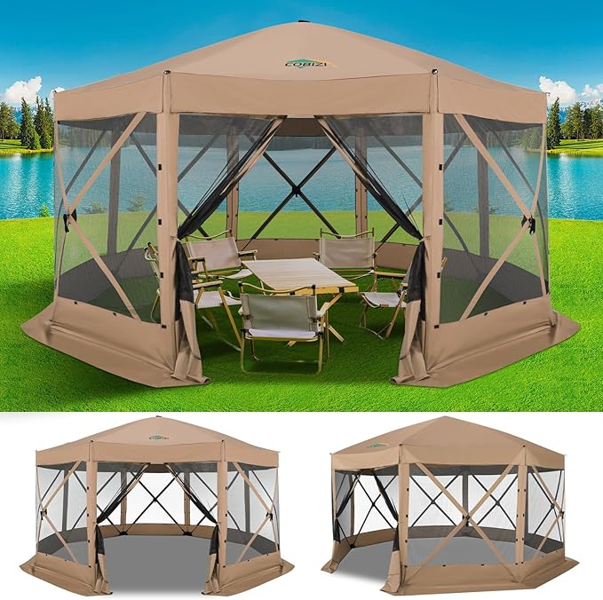 COBIZI 15x15ft Extra Large Pop Up Gazebo Canopy Tent with Mosquito Netting, Spacious Easy Set Up Screened Shelter, Durable Outdoor Pavilion with Ground Stakes, Perfect for Patio, Backyard,Khaki