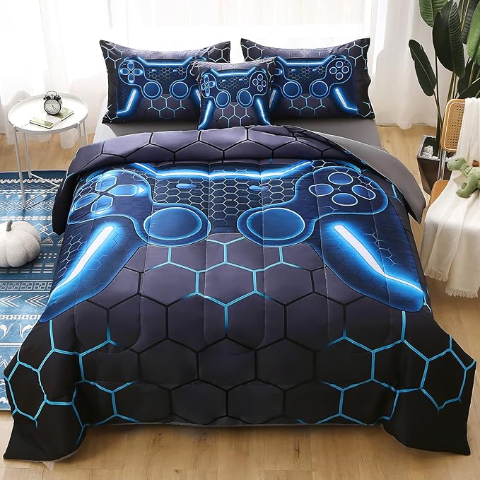 JQinHome Full Gamer Comforter Set,6 Piece Bed in A Bag 3D Video Game Bedding -All Season Down Alternative Gamer Bedding Sets - (Blue Game Controller)