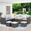7 Piece Wicker Rattan Outdoor Dining Set with Dining Table and Ottomans, Patio Table and Chairs Set