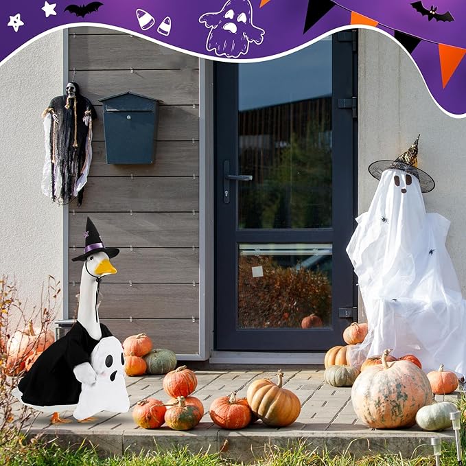 Sanwuta 1 Set Halloween Porch Goose Outfit Ghost Pillow Design with Witch Hat for 23" Lawn Cement Goose Porch Geese Clothes Costume for Halloween Garden Patio Yard Outdoor Decorations