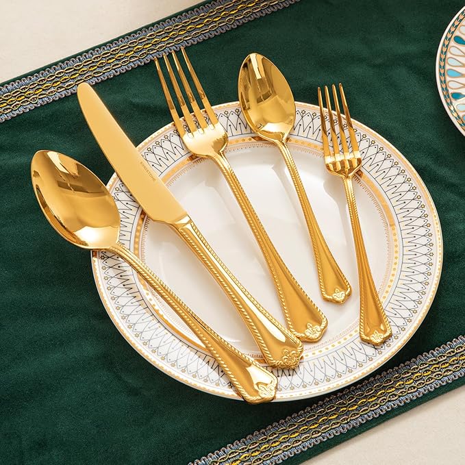 KINGSTONE Gold Silverware Set, 40-piece 18/10 Stainless Steel Flatware Set Cutlery Set for 8, for Kitchen, Home, Wedding, Party, Mirror Polished and Dishwasher Safe, Featured Gifts