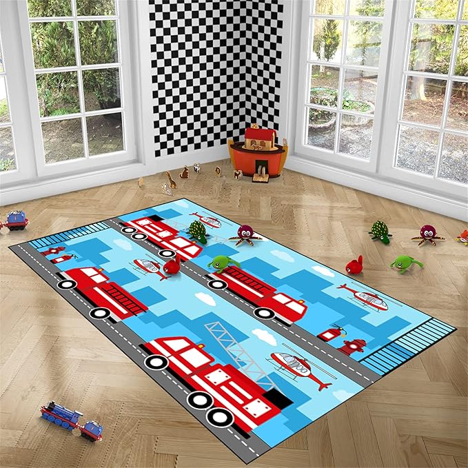 Car Rug Play Mat Car Rug Play Mat Car Rug for Boys Room Fire Fighting Truck Red Car Printed Rug Play Rug for Cars and Trucks Play Rugs for Kids Rooms,Light Blue 3'×5'