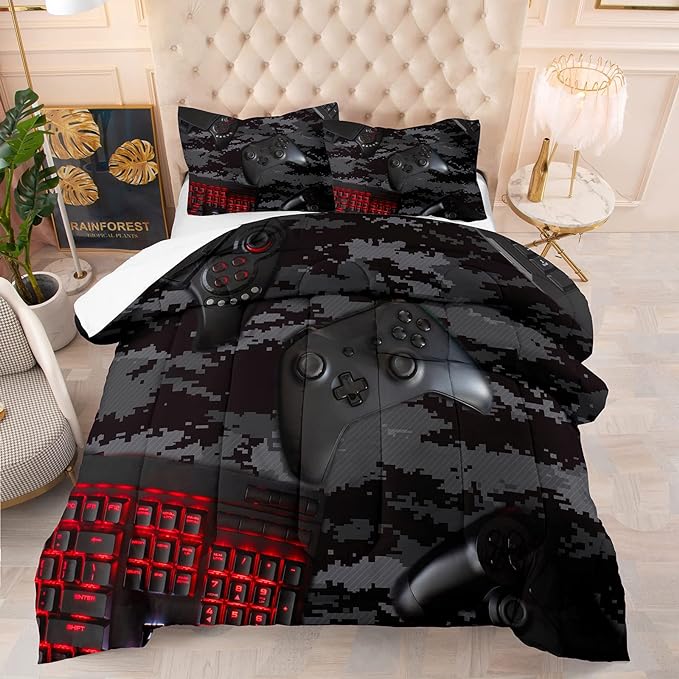 Tailor Shop Gaming Comforter Set Queen Size for Boys, Black Camouflage Gamer Bedding Sets for Boys Kids Teenage, All Season 3 Piece Gaming Bed Set with 1 Comforter and 2 Matching Pillowcases……