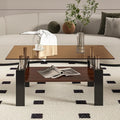 39" Brown Glass Coffee Table Walnut Modern Living Room Center Table Rectangle, with Wooden MDF Storage Layer, Black Metal Leg, for Small Apartment and Office, Brown