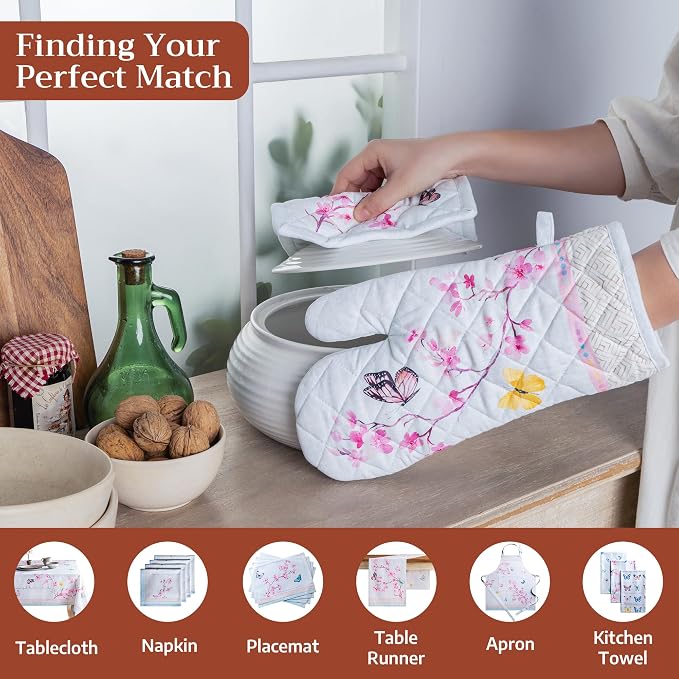 Maison d'Hermine Oven Gloves 100% Cotton Oven Mitt (7" x 13", Pack of 1) | With Loop Heat Resistant BBQ Cooking Gloves Baking Grilling Kitchen Handling Hot Pans Spring Summer - Blossoms in Spring