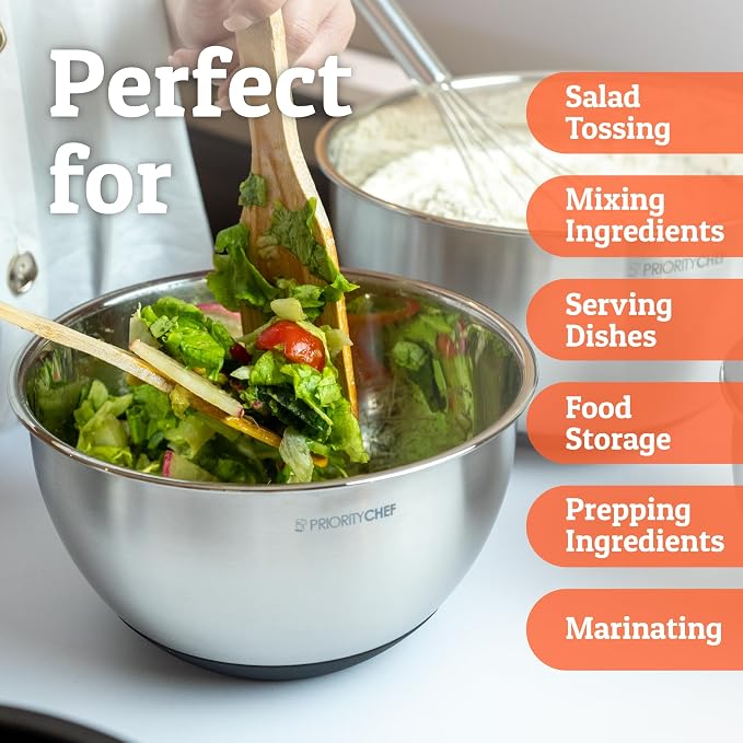 Priority Chef Premium Mixing Bowls With Lids Set, Airtight Lids, Thicker Stainless Steel, Non-Slip Base, 5 Nesting Steel Bowls for Kitchen, Large Prep Metal Bowl Set 1.5/2/3/4/5 Qt, Black