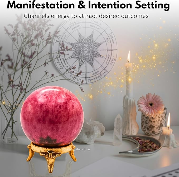 Amazing Gemstone Rhodonite Crystal Ball with Stand - 2 Inches Crystal Sphere Meditation Balls for Witchcraft and Decorative Balls