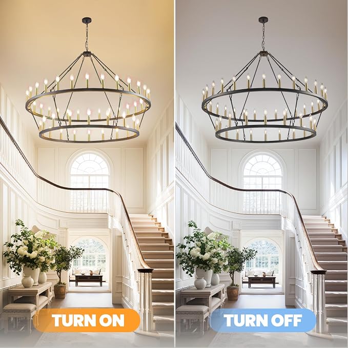 WJShome 55 Inch Farmhouse Wagon Wheel Chandelier - 2 Tier 48-Light Rustic Black and Gold Chandeliers, for Living Room, Entryway and Staircase