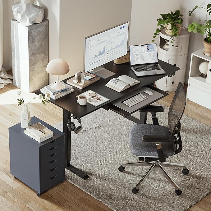 Height Adjustable Desk with Keyboard Tray, 63 x 24 Inches Electric Standing Desk, Stand up Computer Table with Memory Preset, Gaming Modern Lift Motorized Gaming Workstation, Black