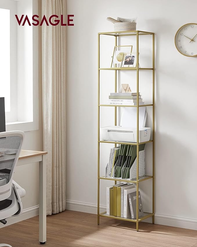 VASAGLE Bookcase, 6-Tier Bookshelf, Slim Shelving Unit for Bedroom, Bathroom, Home Office, Tempered Glass, Steel Frame, Metallic Gold ULGT500A01