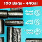 ToughBag 44 Gallon Commercial Trash Bags, 38x46” (100 COUNT) – 39, 40, 42 Gallon Contractor Bags, Black Garbage Can Liners - Made in USA