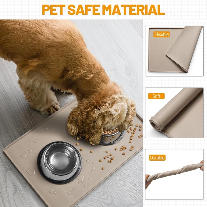 Hubulk Dog Feeding Mat,100% Waterproof Food Grade Silicone Pet Food and Water Bowl Placemat,Dishwasher, High Raised Edge to Prevent Spills,Nonslip Tray to Stop Messes on Floor（32"x24"x1.0", Taupe）