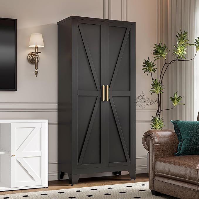 71" Tall Metal Storage Cabinet with 2 Doors and 4 Adjustable Shelves, 5-Tier Kitchen Pantry Storage Cabinet for Kitchen, Living Room, Dining Room and Office, Black