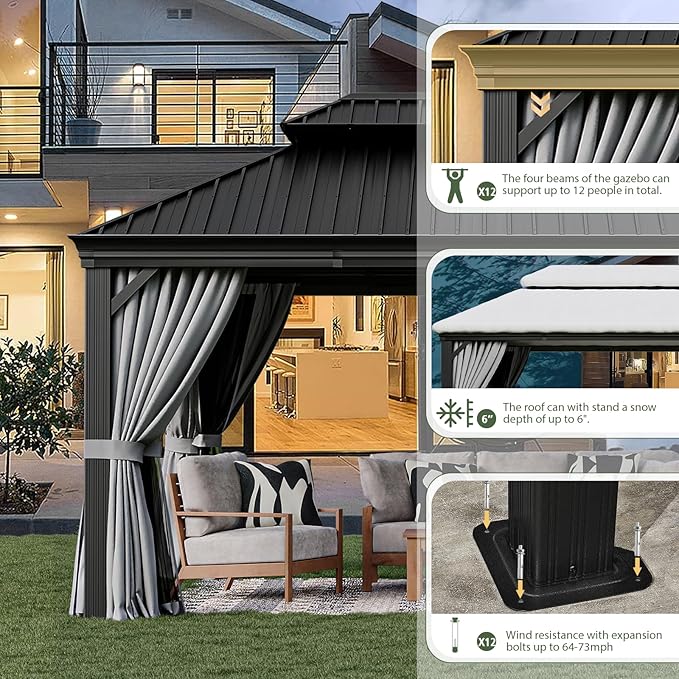 Aoxun 12' X 16' Permanent Hardtop Gazebo Aluminum Gazebo with Galvanized Steel Double Roof for Patio Lawn and Garden, Curtains and Netting Included, Grey