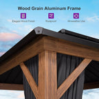 PURPLE LEAF 10' X 12' Hardtop Gazebo Outdoor Wood Grain Aluminum Frame Galvanized Steel Double Roof Gazebos with String Lights for Patio Deck Backyard Garden