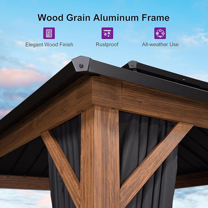 PURPLE LEAF 10' X 12' Hardtop Gazebo Outdoor Wood Grain Aluminum Frame Galvanized Steel Double Roof Gazebos with String Lights for Patio Deck Backyard Garden