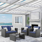 Wisteria Lane 4 Piece Outdoor Patio Furniture Sets, Wicker Conversation Set for Porch Deck, Grey Rattan Sofa Chair with Cushion （Blue
