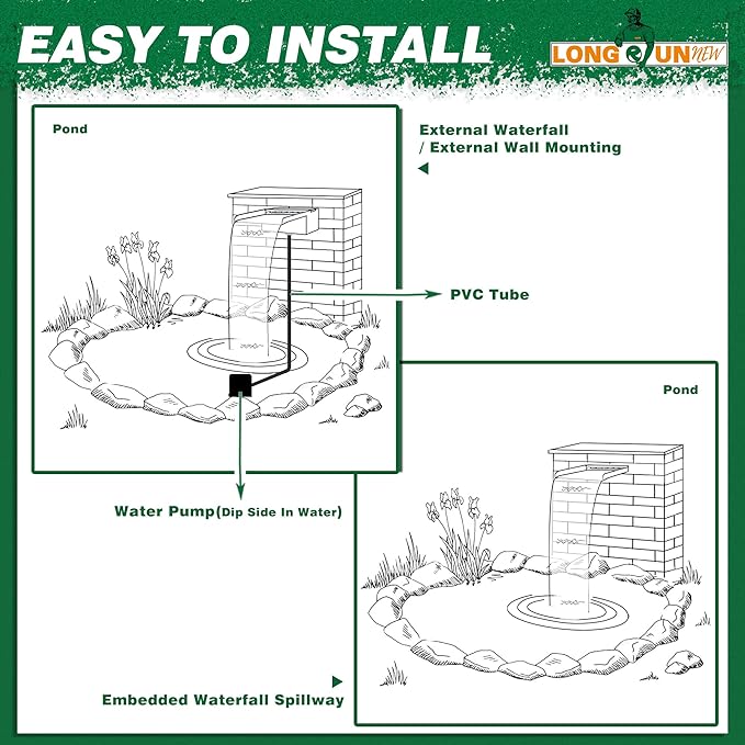 Waterfall Pool Fountain LONGRUNNEW 304 Stainless Steel 11.8" Rectangular Waterfall Spillway, Water Fall Fountain with Pipe Connector for Garden Outdoor, Swimming Pools, Fountains, Pond and Spa