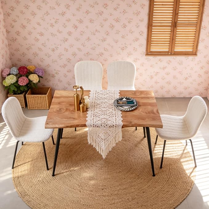 Rectangle Dining Table Set for 4 with White Boucle Chairs | 5-Piece Mid-Century Modern Set, Irregular MDF Table, Wood Grain, Space-Saving for Small Spaces, Dining Rooms, Easy Assembly