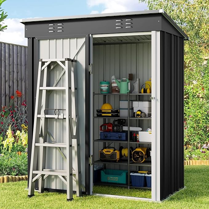 Gizoon 5 'x 3'Outdoor Storage Shed with Singe Lockable Door,Galvanized Metal Shed with Air Vent Suitable for The Garden,Tiny House Storage Sheds Outdoor for Backyard Patio Lawn-Dark Gray