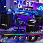 Unikito Reversible L Shaped Computer Desk with Fabric File Drawers, 70.8" Large Office Corner Desk with RGB LED Lights & Power Outlets & Monitor Stand & CPU Stand, Sturdy L Shape Gaming Desk, Black