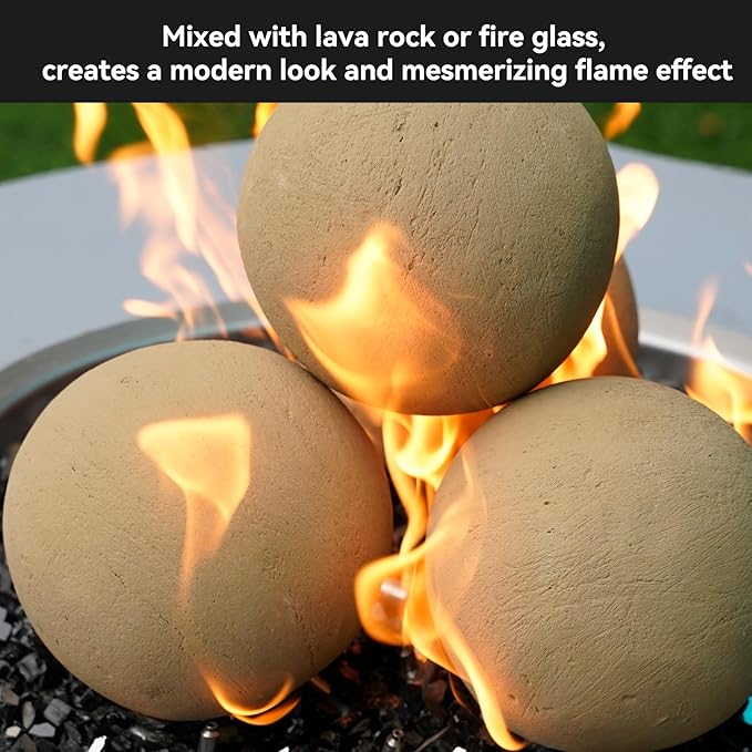 Skyflame 6" Ceramic Fireplace Balls, Beige Round Fire Stones Reusable Fire Pit Balls for Indoor and Outdoor Fire Pits or Fireplaces Accessory - Set of 4