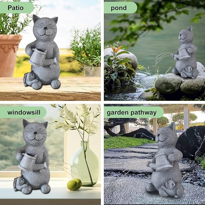 Solar Cat Outdoor Statue and Figurine Lights, Loving Cat for Patio, Balcony, Yard, Lawn-Unique Housewarming Gift for Mom Grandma