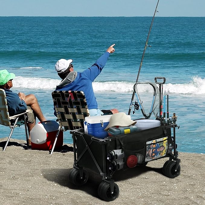 REDCAMP 49" L Extended Collapsible Beach Fishing Cart with Rod Holders, 330LBS Heavy Duty Extra Large Folding Utility Garden Cart with Tailgate and Big All-Terrain Wheels for Grocery, Sport, Fishing