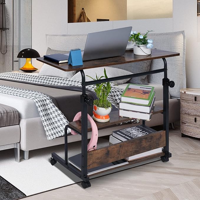 Portable Desk Small Desks for Small Spaces Laptop Table Rustic Rolling Adjustable Desk on Wheels Mobile Couch Desk for Bedroom Home Office Computer Standing Desk Student Desk with Storage 32x16 Inch