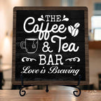 Coffee Bar Sign, Love is Brewing Farmhouse Tabletop Decor, Coffee and Tea Lover Gifts, 5x5 Wood Plaque with Iron Stand for Home Kitchen Cafe, Coffee Bar Decor – L05