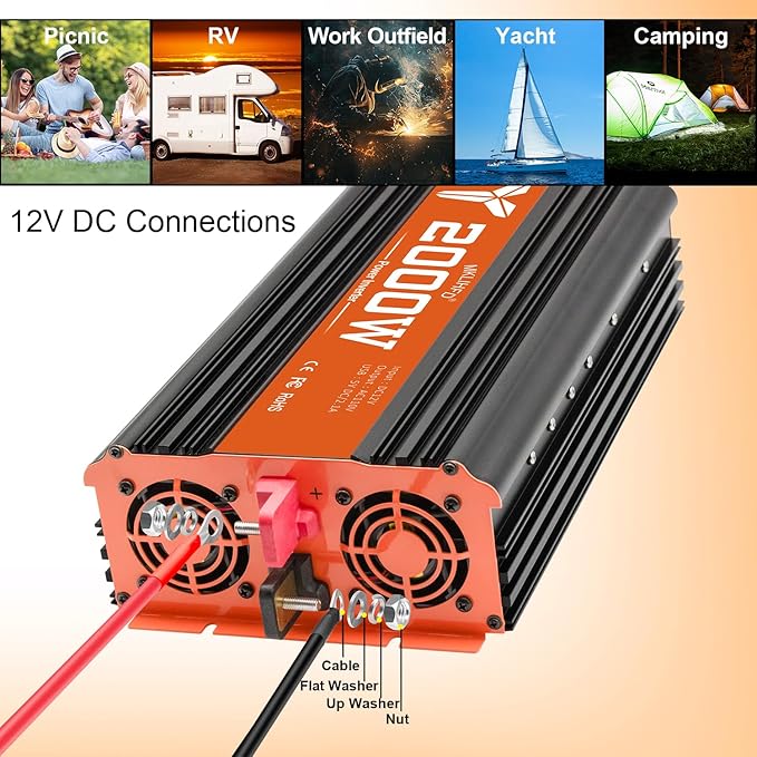 2000 watt Inverter 12v Car Power Inverters for Vehicles Truck with USB Charging Port, 12v to 120v with 2 AC Outlets and Remote 2000w