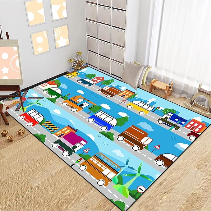 Car Carpet for Kids Kids Rugs for Playroom Car Track Rug Road Rug for Kids Car Play Rug Road Carpet for Toy Cars Car Track Rugs for Boys Car Rug for Boys Room 4'5''×6'