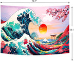 Delur Great Wave Tapestry Japanese Sunset Ocean Sea Wave Off Kanagawa Tapestry Wall Hanging Vintage Asian Anime Cherry Blossom Nature Headboard for Bedroom Living Room Home Decor (59.1" x 78.7")